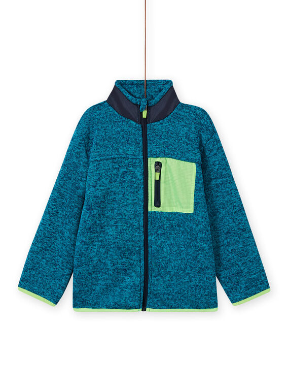 Gilet turquoise chiné à empiècements vert fluo et bleu marine enfant garçon MOJOGITEK1 / 21W90212GILC200