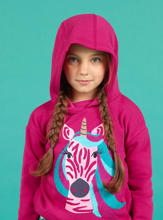 Sweat-shirt à capuche rose motif licorne enfant fille MATUSWEA / 21W901K1SWED312