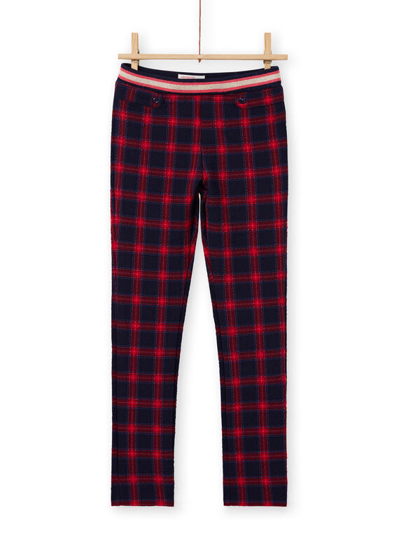 Pantalon milano bleu nuit et rouge à imprimé tartan enfant fille MAMIXPANT / 21W901J1PANC205