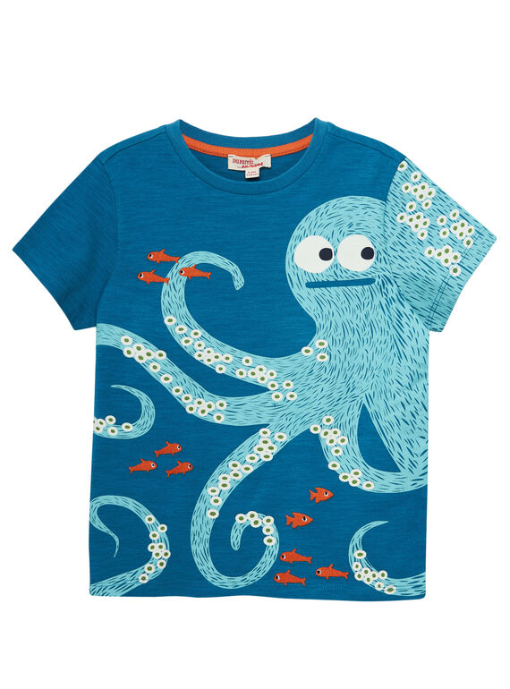 Tee shirt garçon turquoise foncé manches courtes imprimé pieuvre JOBOTI4 / 20S902H2TMCC219