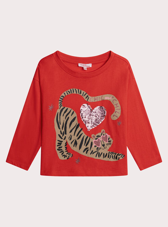 T-shirt manches longues rouge animation tigre et coeur sequins magiques XAJATEE3 / 25W901M2TMLF505