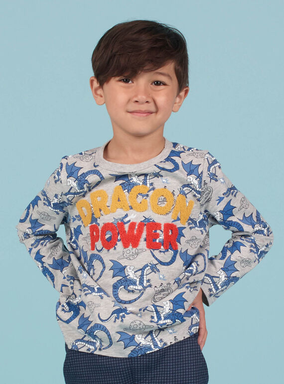T-shirt gris chiné et bleu imprimé dragon enfant garçon MOPLATEE1 / 21W902O2TMLJ922