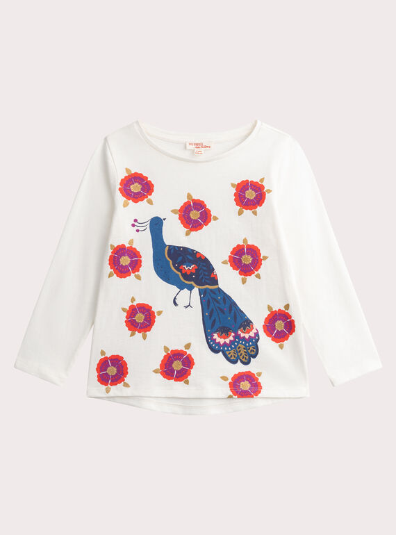 T-shirt écru animation paon avec glitter pour fille VAKYTEE1 / 24W901S3TML001
