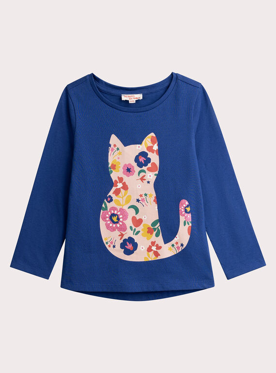 T-shirt bleu animation chat fleuri pailleté pour fille VAROTEE3 / 24W901P1TMLC207