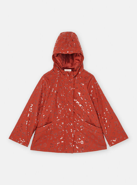 Imperméable à capuche rouge brique à imprimé panthère brillant SARAINIMPER / 23W901C1IMPI806