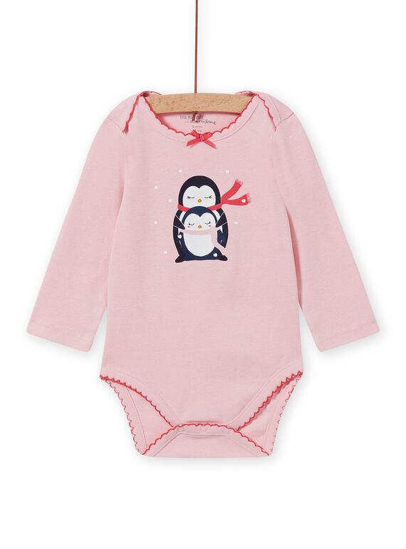 Body manches longues rose chiné motif pingouins bébé fille MEFIBODNEI / 21WH13C2BDLD314