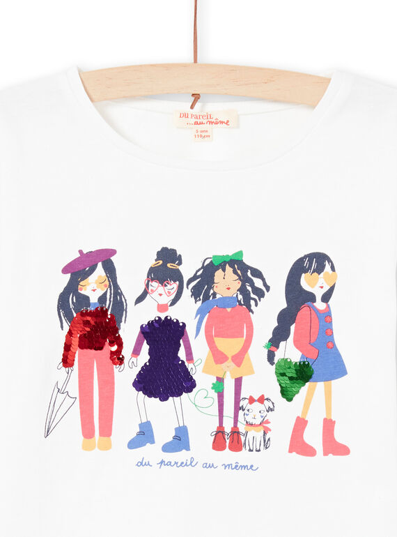 T-shirt manches bouffantes écru imprimé à sequins réversibles enfant fille MAMIXTEE4 / 21W901J5TML001